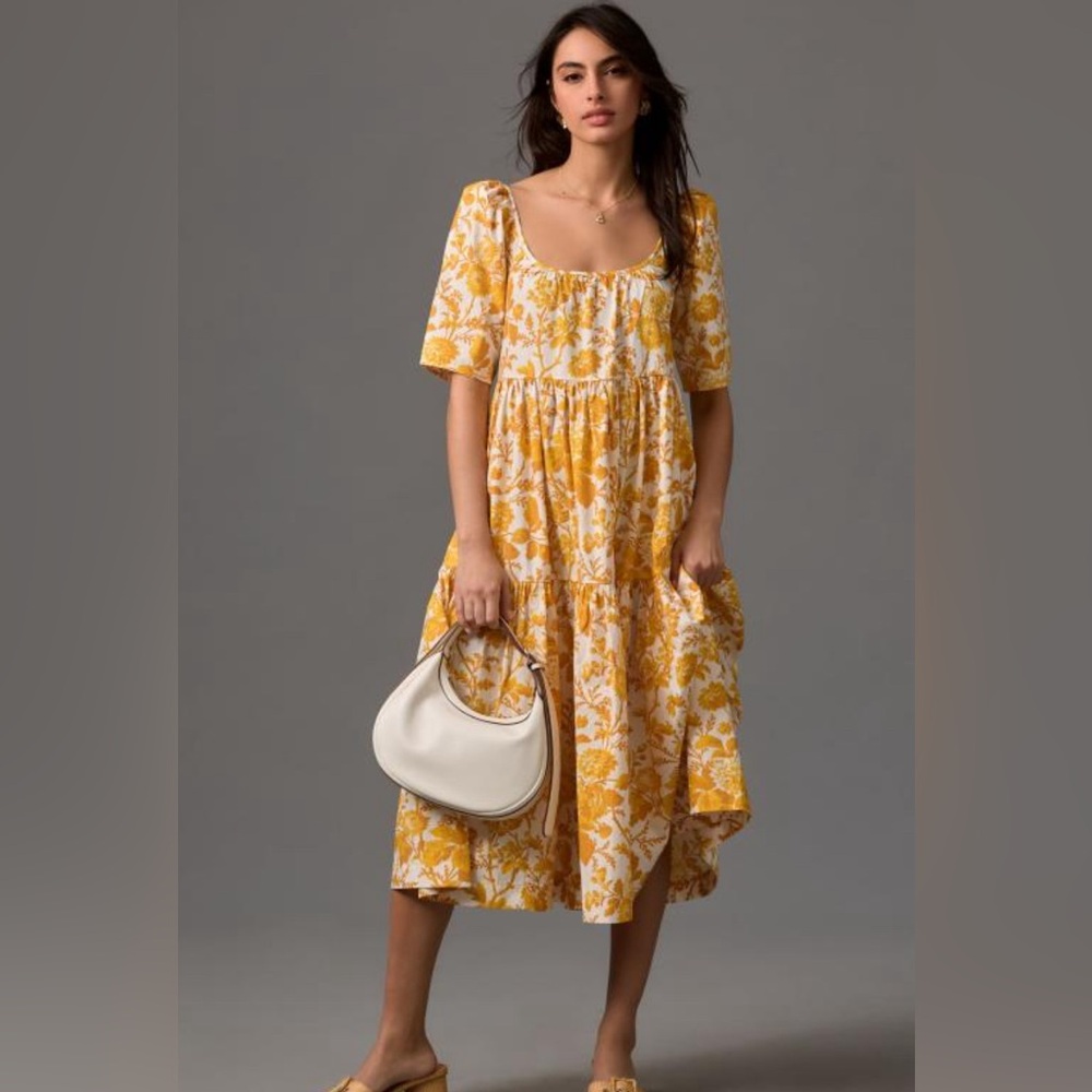 Anthropologie Tiered Poplin Midi Dress Size 2X (can fit 3X!) in Yellow